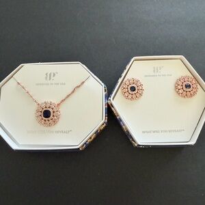 Rose Gold Necklace and Earring Set with Blue Stones